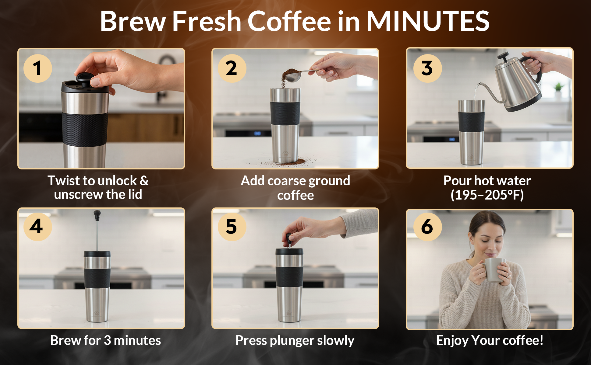 Travel French Press, Portable 15oz Stainless Steel Insulated Coffee Mug