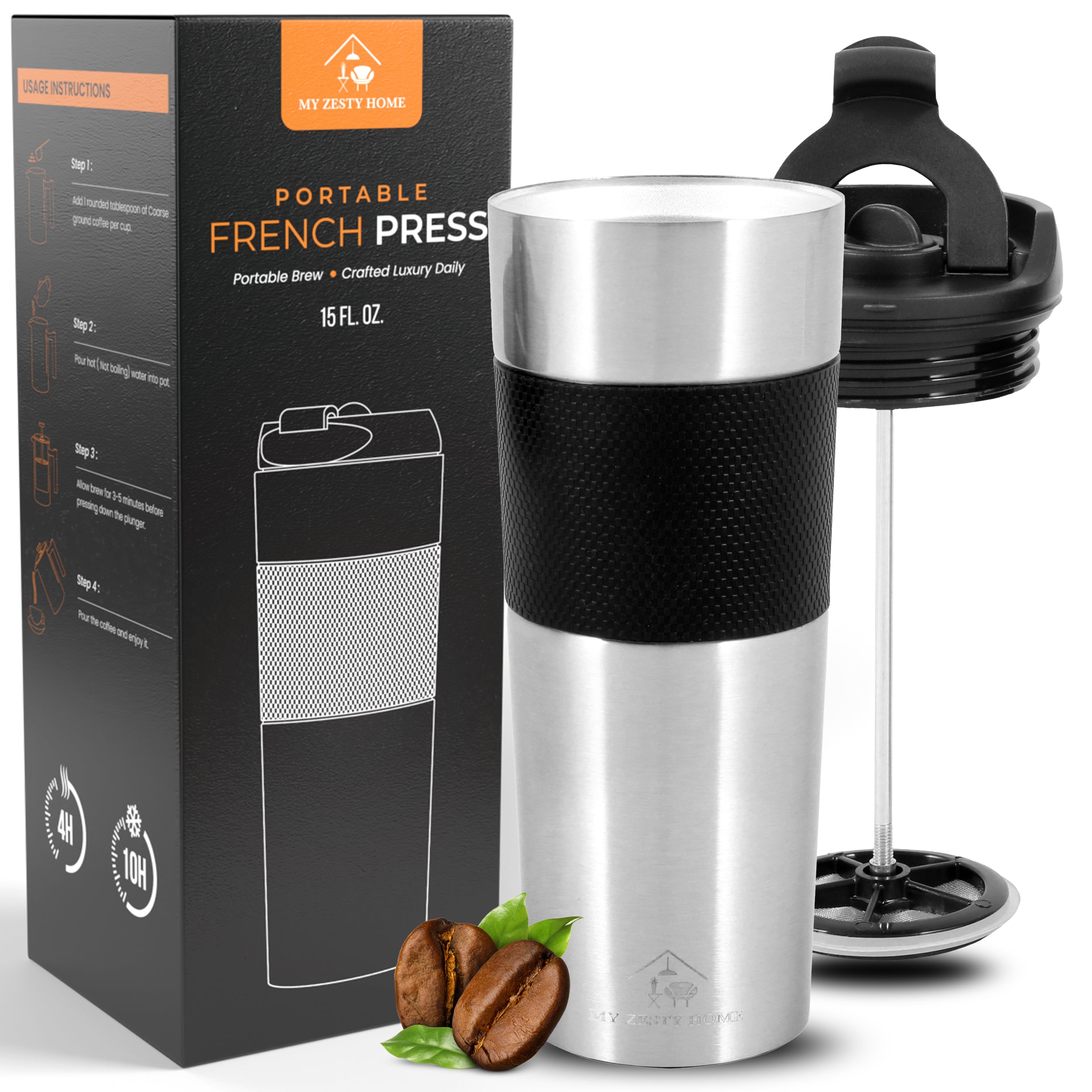 Travel French Press, Portable 15oz Stainless Steel Insulated Coffee Mug