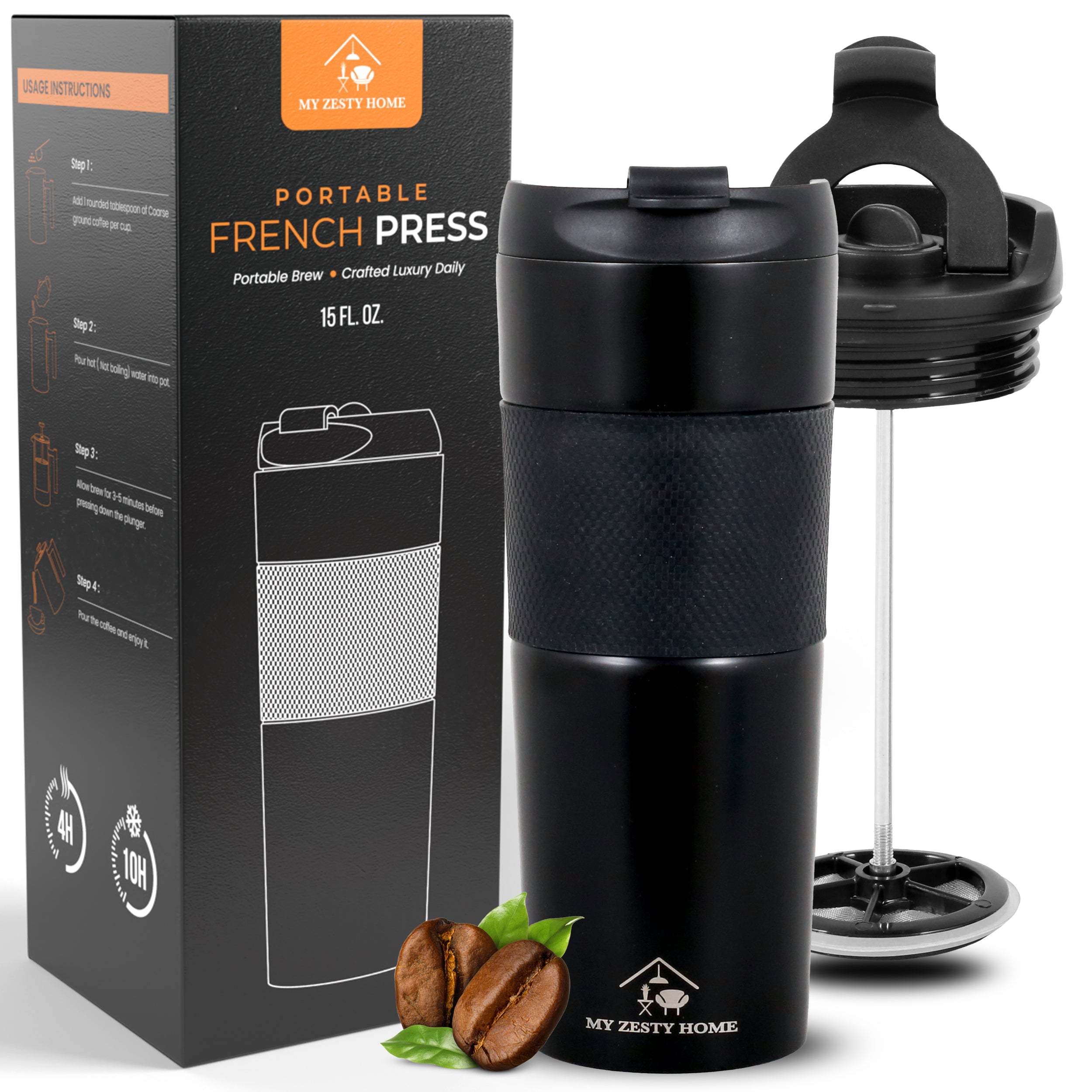 Travel French Press, Portable 15oz Stainless Steel Insulated Coffee Mug