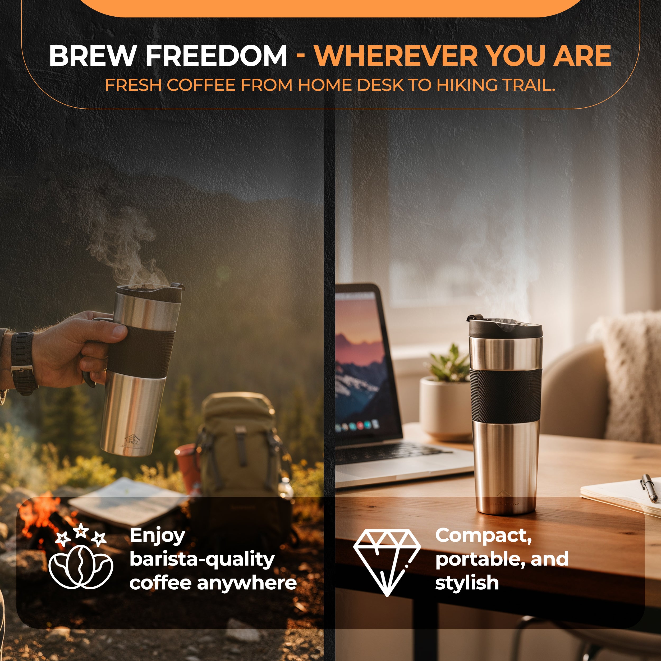 Travel French Press, Portable 15oz Stainless Steel Insulated Coffee Mug