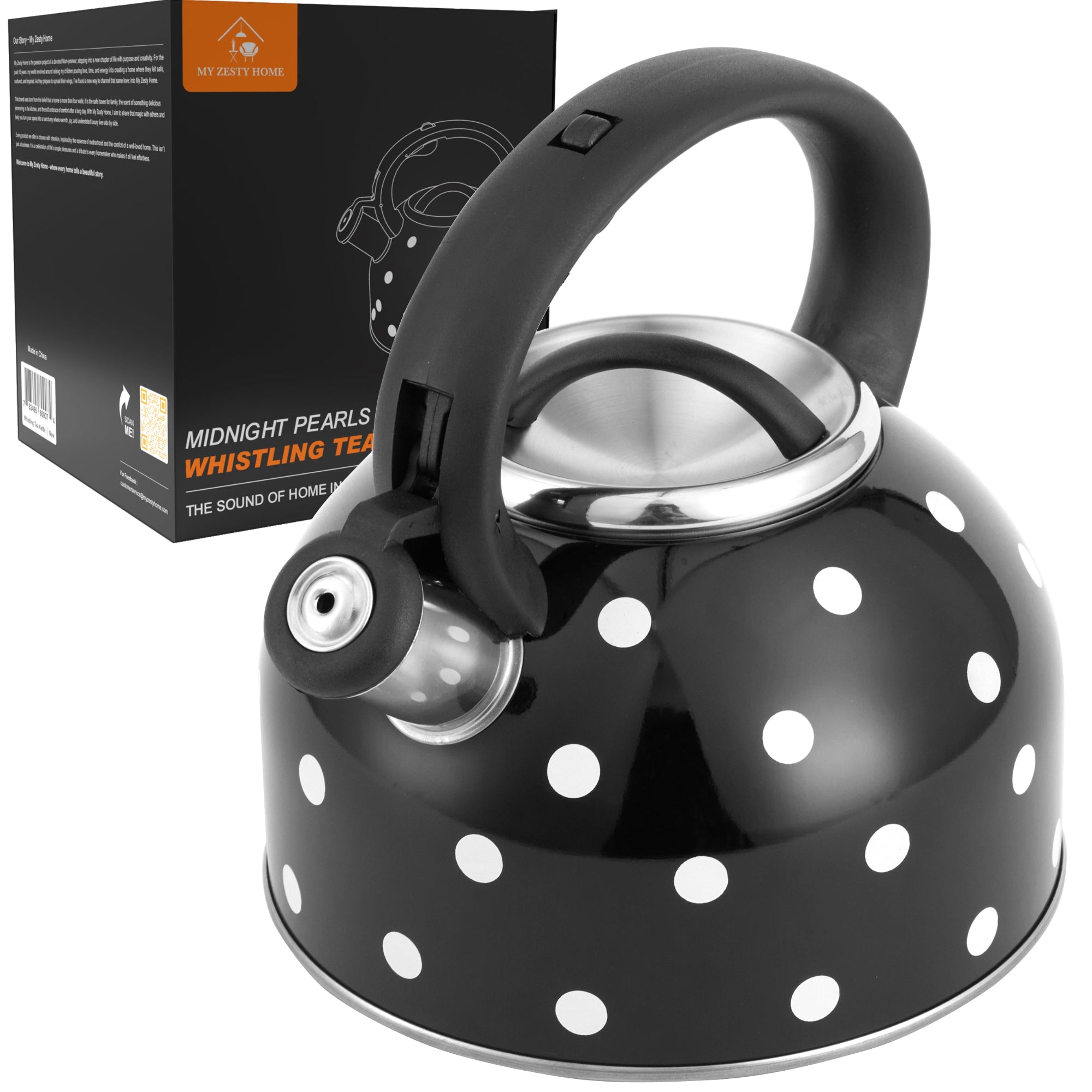 Black polka dot whistling tea kettle with steel lid, side view with its retail box on white background