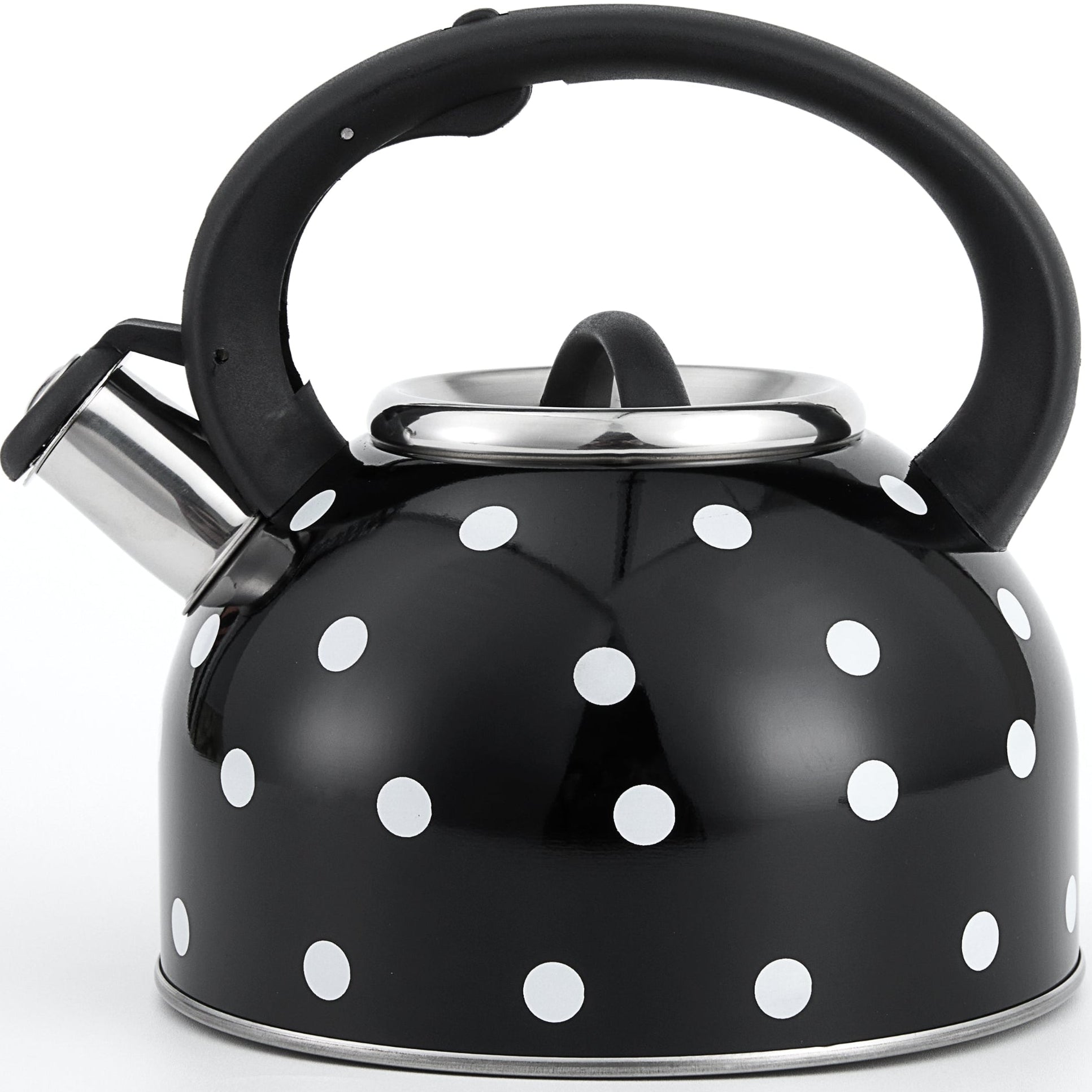 Black polka dot stainless steel whistling tea kettle, angled product view