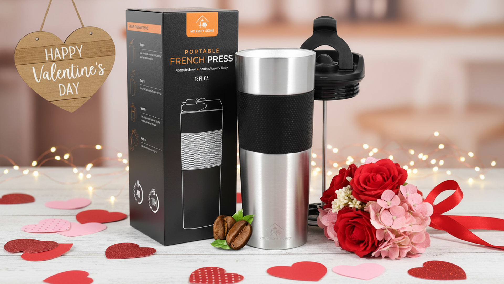 Travel French Press, Portable 15oz Stainless Steel Insulated Coffee Mug