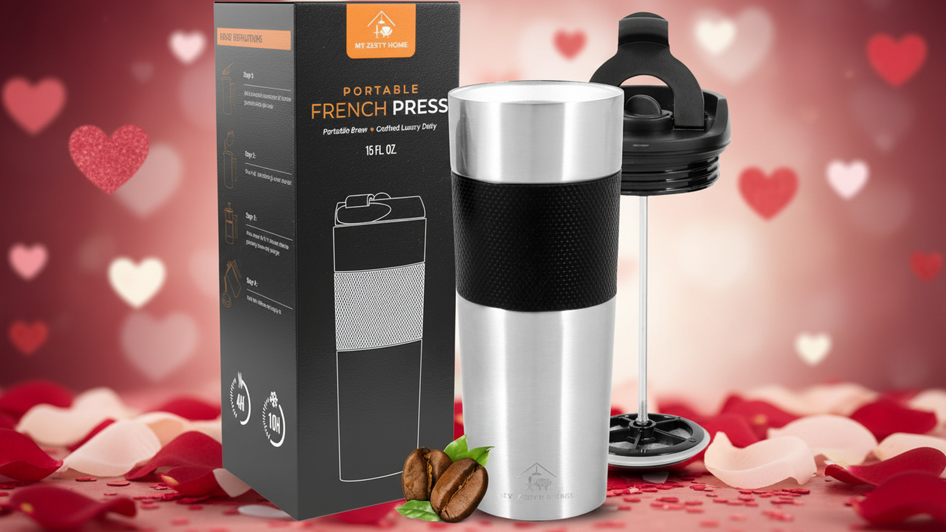 Travel French Press, Portable 15oz Stainless Steel Insulated Coffee Mug